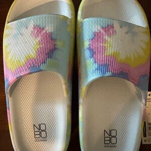 NEW Women’s No Boundaries Colorful Tie-Dye & Black Slide Sandals, size 7